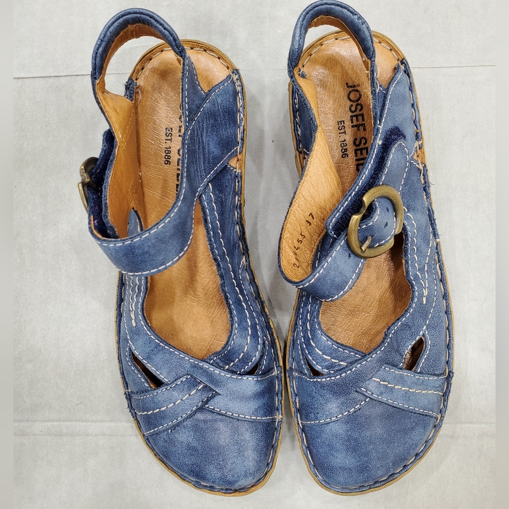 Josef Seibel Blue Leather Mary Jane Flats with Buckle - Picture 3 of 12